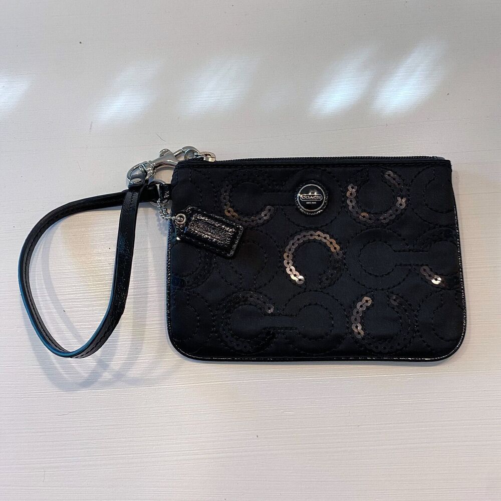 NWT Genuine Coach Black Satin‎ Sequin Signature Small Wristlet Purse Handbag